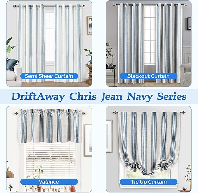 DriftAway Chris Linen Lined Valance Double Layer Thermal Insulated Room Darkening Blackout Valances 3 Inch Rod Pocket Vertical Striped Kitchen Valance for Bathroom 52 Inch by 18 Inch Jean Navy
