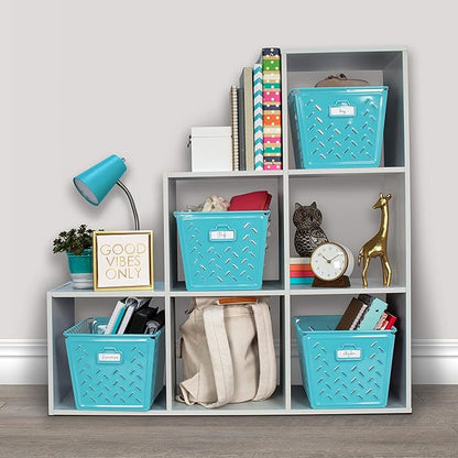 Spectrum Diversified Macklin, Stamped Steel & Wire Basket for Closet & Cubby Storage Vintage-Inspired Design with Customizable Label Plate, Medium, Teal, 1 Count (Pack of 1)