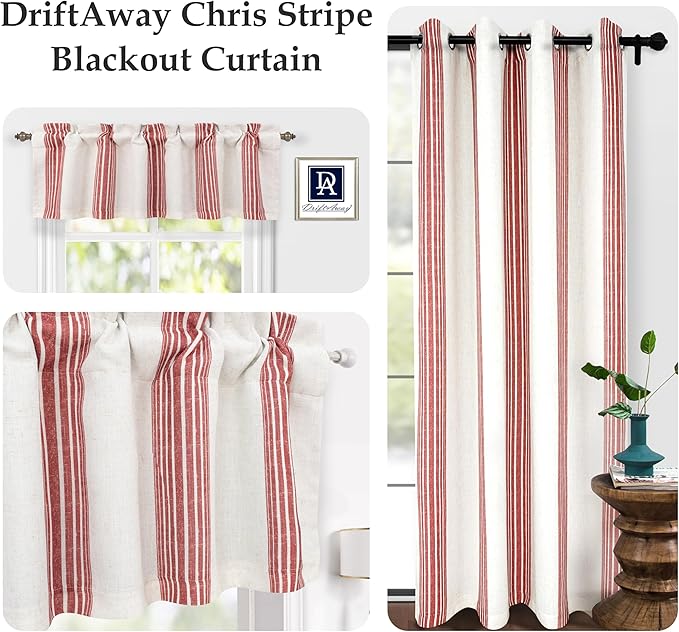 DriftAway Chris Linen Lined Valance Double Layer Thermal Insulated Room Darkening Blackout Valances 3 Inch Rod Pocket Vertical Striped Kitchen Valance for Bathroom 52 Inch by 18 Inch Red