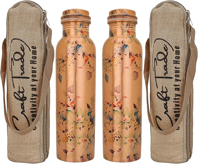 Craft Trade Pure Copper Water Bottle for Drinking 32oz Vintage Antique Set Of 2 Bottle Travel Bottle for Gym, Office, Hiking, Outdoor Ayurvedic Water Vessel