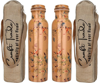 Craft Trade Pure Copper Water Bottle for Drinking 32oz Vintage Antique Set Of 2 Bottle Travel Bottle for Gym, Office, Hiking, Outdoor Ayurvedic Water Vessel
