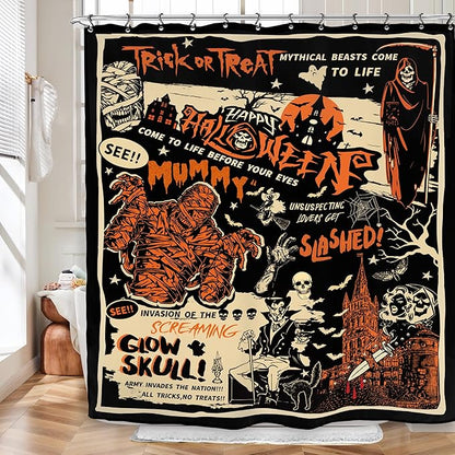 Halloween Horror Scary Shower Curtain 60Wx72L Inch Mummy Skull Spooky Trick Or Treat Vintage Gothic Retro Holiday Bathroom Set Accessories Decor with 12 Pack Hooks