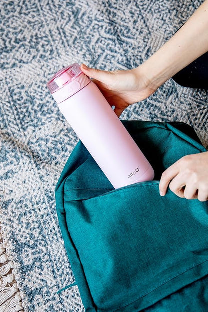 Ello Cooper Vacuum Insulated Stainless Steel Water Bottle with Soft Straw and Carry Loop, Double Walled, Leak Proof, Cashmere Pink, 32oz