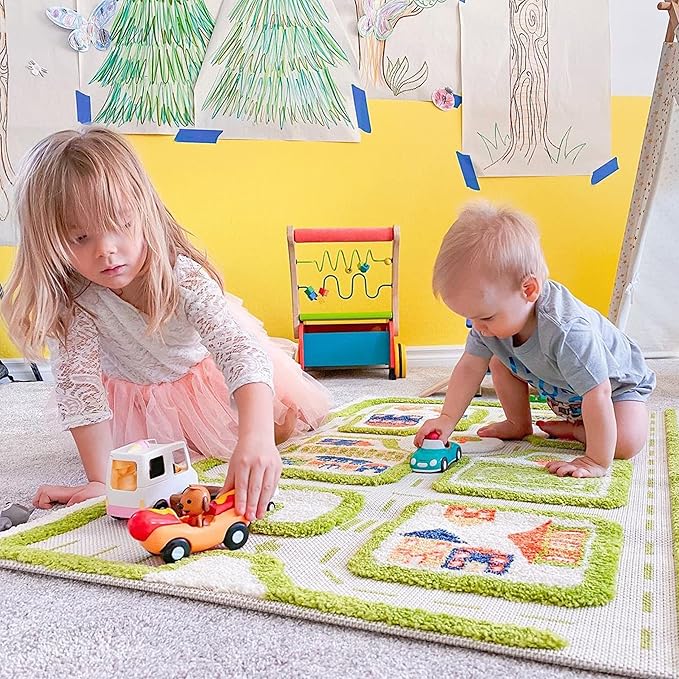 IVI Thick 3D Childrens Play Mat & Rug in A Colorful Town Design for Kids with Soccer Field, Car Park & Roads, Green, 32 x 45 inches