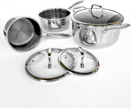 6 Piece Pot Set Hexagon Surface Hybrid Stainless Steel 1.5, 3, and 6 Quart Pots with Lids