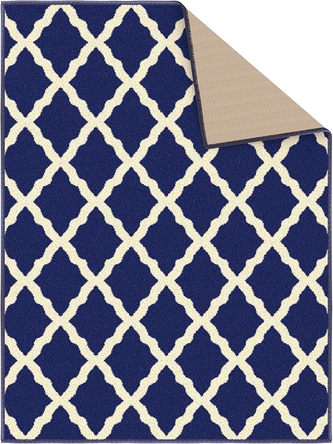 Machine Washable Moroccan Trellis Design Non-Slip Rubberback 2x3 Traditional Indoor Area Rug for Living Room, Bedroom, Kitchen, Entryway, 2'3" x 3', Navy