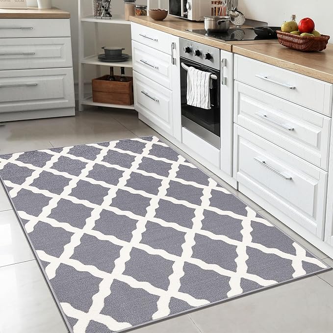 Machine Washable Moroccan Trellis Design Non-Slip Rubberback 3x5 Traditional Indoor Area Rug for Living Room, Bedroom, Kitchen, 3'3" x 5', Gray