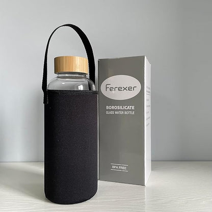 48 oz Sports Borosilicate Glass Water Bottle with Bamboo Lid with Neoprene Sleeve