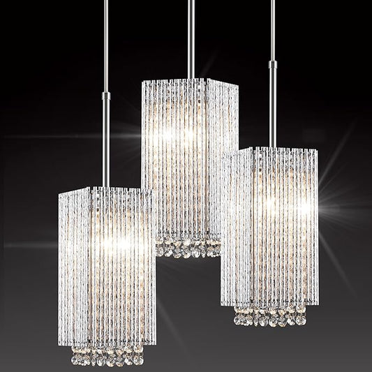 MO&OK 3 Pack Crystal Chandelier Modern Pendent Lights Adjustable Hanging Lighting with Metal Lampshade Rectangle Chandeliers for Kitchen Island Dinningroom,Entrance Living Room H9.8 xD5.2 Chrome