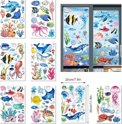 8 Sheets Underwater World Window Clings Ocean Theme Static Window Stickers Fridge Glass Stickers Party Decorations Add Joy to The Season and Home Decoration