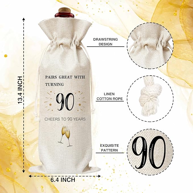90th Birthday Wine Gift Bag, Cotton Burlap Wine Bags, 1934 Wine Bottle Cover Bag Birthday Gifts for Women, Men, Friends, Co-workers, Teachers, Grandpa, Grandma(01)