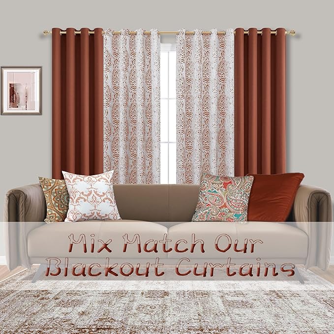 Mrs.Naturall 45 Inch Length Kitchen Curtains Set of 2 Panels Blackout Room Darkening Light Blocking Curtains for Living Room Bay Windows Rust Terracotta 34x45 Inches Long