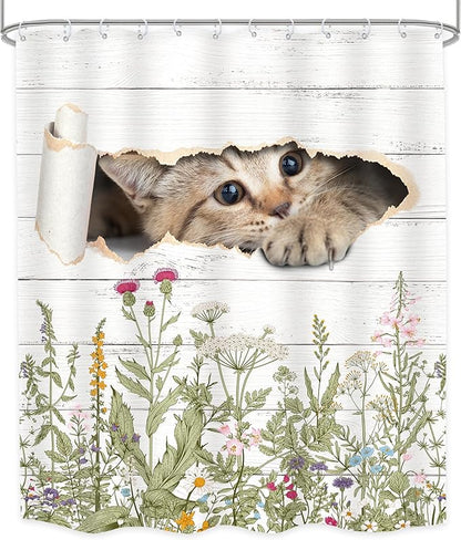 LGhtyro Wildflower Cats Shower Curtain Bathroom Set 60Wx71H Inches Kids Funny Floral Rustic Plant Leaves Botanical Country Bath Accessories Animal Cute Flower Art Home Decor Fabric 12 Pack Hooks