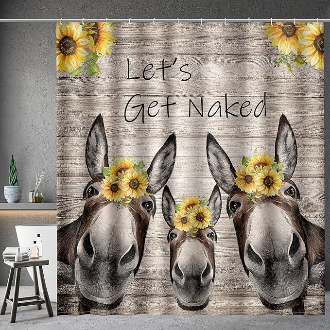 Aimego Donkey Sunflower Shower Curtain Farm Animal with Sunflower Wooden Rustic Country Farmhouse Shower Curtain Set with 12 Hooks for Bathroom Decor Accessories Bathtub Curtain, 72"x72"