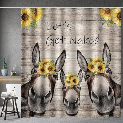 Aimego Extra Long Shower Curtain - Farmhouse Get Naked Country Donkey Sunflower Rustic Wooden Fabric Cloth Shower Curtain Set with 12 Hooks Bathroom Decor Accessories Bathtub Curtain, 72"x84"
