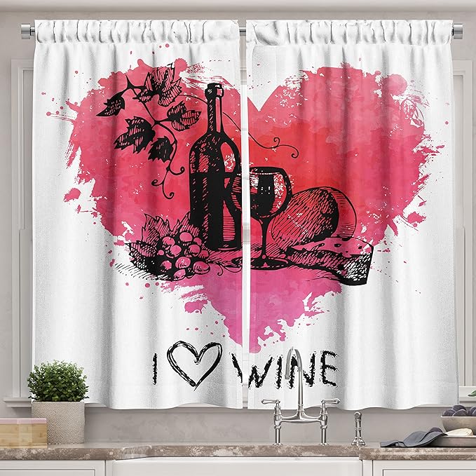 Ambesonne Wine Long Kitchen Curtains, Hand Drawn Sketch Illustration with Splash Watercolor Heart I Love Wine Theme, Two Panels Drapes with Rod Pocket Room Decor, 55" x 45", Black Coral