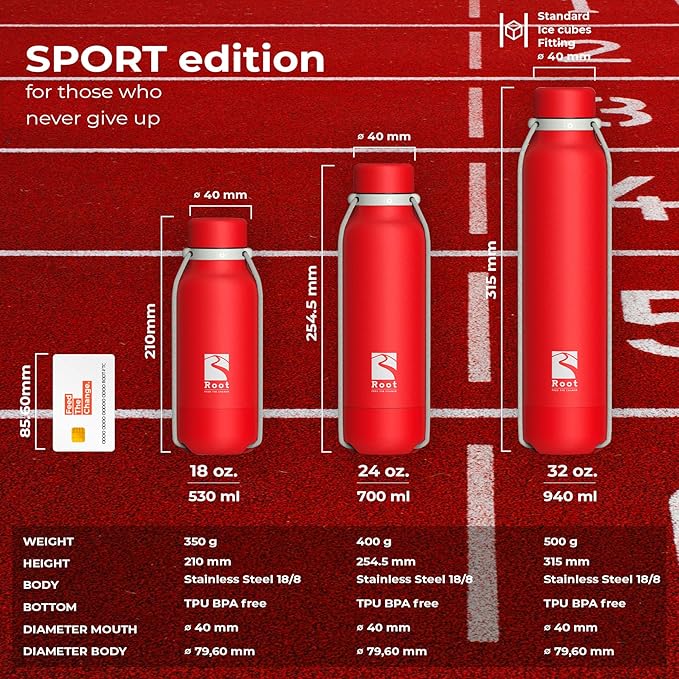 Root FTC Bottle Thermal Flask Stainless Steel Double Wall, Anti Drop Cap, Shockproof Bottom, Bungee Cords, 530 ml, 700 ml and 940 ml - Hot (20h) / Cold (24h)