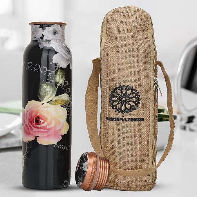 Copper Water Bottle for Drinking 34 oz Handmade Ayurvedic Health Benefits Leak Proof Copper water Bottle With Carry Bag for Sport Fitness Yoga - Natural Copper Water Bottle