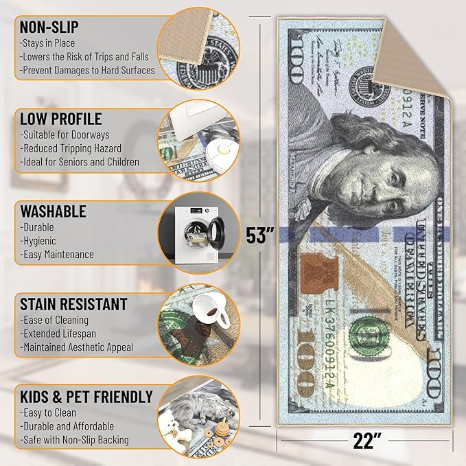 Machine Washable $100 Bill Design Non-Slip Rubberback 22x53 Modern Runner Rug for Hallway, Kitchen, Bedroom, 22" x 53", Multicolor