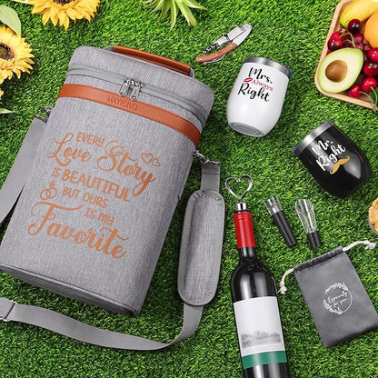 Anniversary Engagement Gifts for Men Women, Mr and Mrs Wine Tumblers Gifts - Funny Wedding Gifts for Couple, Bridal Shower, Newlywed - Insulated Wine Cooler Tote Bag with Glasses and Wine Accessories
