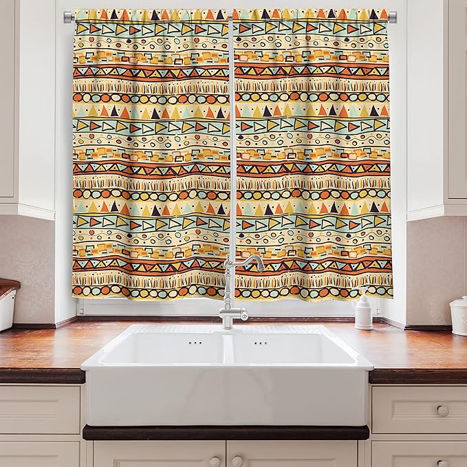 Ambesonne Prehistoric Long Kitchen Curtains, Mexican Style Doodles with Triangles Circles Folkloric Geometric Tribal, Two Panels Drapes with Rod Pocket Room Decor, 55" x 45", Pastel Yellow