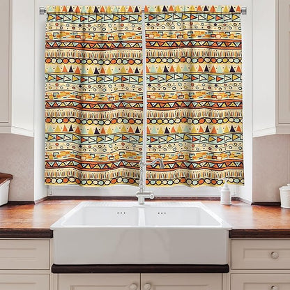 Ambesonne Prehistoric Long Kitchen Curtains, Mexican Style Doodles with Triangles Circles Folkloric Geometric Tribal, Two Panels Drapes with Rod Pocket Room Decor, 55" x 45", Pastel Yellow