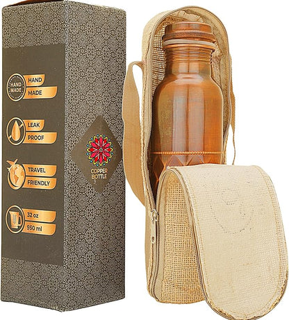 Copper Water Bottle for Drinking 34 Oz Large Handcrafted Ayurvedic Pure Copper Bottle Leak Proof Lid – Diamond Finish Copper Vessel with Carry Bag for Gym,Yoga, Meditation - 1000 ml / 1L