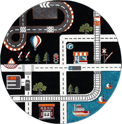 SAFAVIEH Carousel Kids Collection 3' Round Black/Ivory CRK192Z Neighborhood Road Non-Shedding Playroom Nursery Bedroom Area Rug