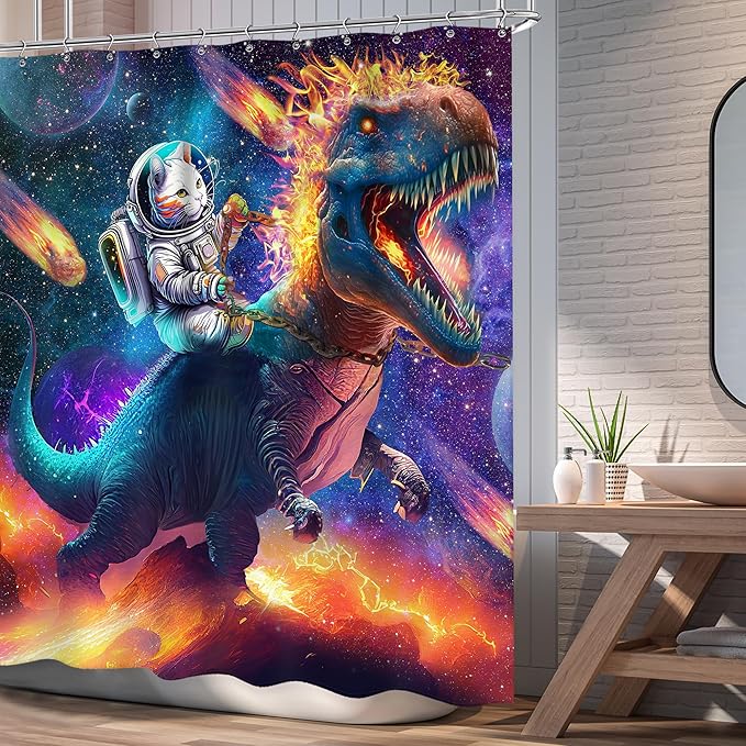 Funny Cat Riding Dinosaur Shower Curtain 72Wx72L Inch Kids Boys Dino Astronaut Animal Galaxy Outer Space Universe Star Bathroom Set for Teen Bath Curtain Bathtub Accessories Home Decor