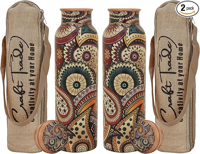 Craft Trade Copper Water Bottle for Drinking 32oz Antique Multicolor Pure Set Of 2 Copper Water BottleTravel Bottle for Gym, Office, Hiking, Outdoor Ayurvedic Hammered Water Jug