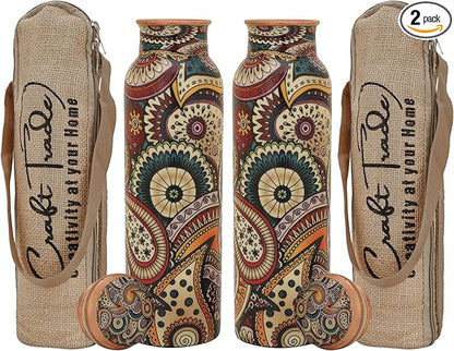 Craft Trade Copper Water Bottle for Drinking 32oz Antique Multicolor Pure Set Of 2 Copper Water BottleTravel Bottle for Gym, Office, Hiking, Outdoor Ayurvedic Hammered Water Jug