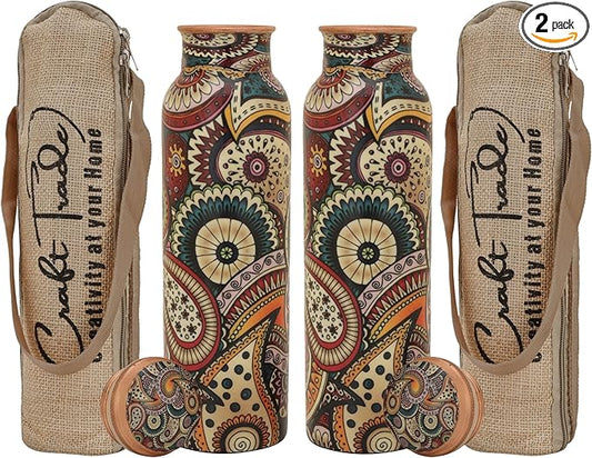 Craft Trade Copper Water Bottle for Drinking 32oz Antique Multicolor Pure Set Of 2 Copper Water BottleTravel Bottle for Gym, Office, Hiking, Outdoor Ayurvedic Hammered Water Jug