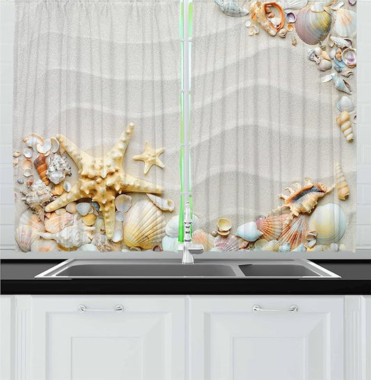 Ambesonne Starfish Kitchen Curtains, Seacoast with Sand with Colorful Various Seashells Tropics Aquatic Wildlife Theme, Window Drapes 2 Panel Set for Kitchen Cafe Decor, 55" x 24", White Coral