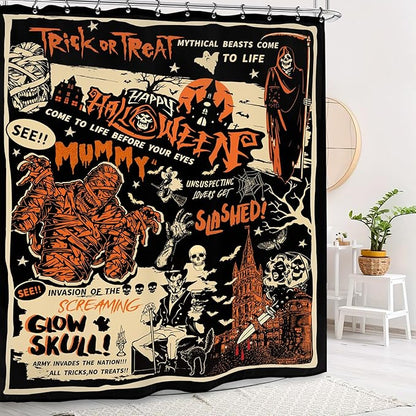 Halloween Horror Scary Shower Curtain 60Wx72L Inch Mummy Skull Spooky Trick Or Treat Vintage Gothic Retro Holiday Bathroom Set Accessories Decor with 12 Pack Hooks