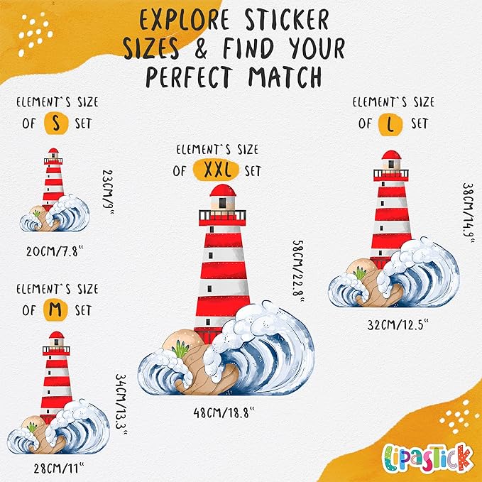 Ocean Wall Decals for Kids by Lipastick - Sea Kids Wall Stickers - Creative Nursery Wall Decal for Children – Nautical Vinyl Wall Decal Whale Shark Octopus Turtle Lighthouse S Size