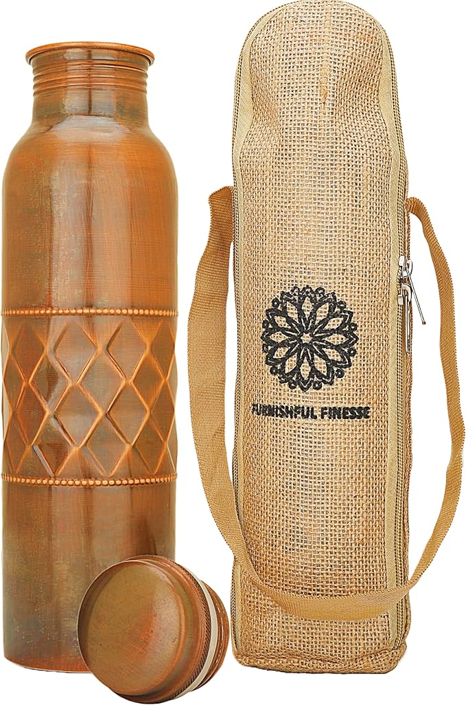 Copper Water Bottle for Drinking 34 Oz Large Handcrafted Ayurvedic Pure Copper Bottle Leak Proof Lid – Diamond Finish Copper Vessel with Carry Bag for Gym,Yoga, Meditation - 1000 ml / 1L