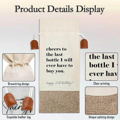 21th Birthday Wine Bag, Cotton Linen Wine Gift Bag With Drawstring, Wine Champagne Bottle Gift Bag, 21st Birthday Gifts Wine Bag for Woman Her Girl Friend Sister, 21th Birthday Party Favors-20