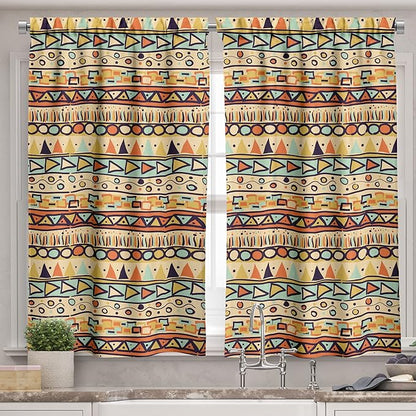 Ambesonne Prehistoric Valance & Tier Curtain 3 pcs Set, Mexican Style Doodles with Triangles Circles Folkloric Geometric Tribal, Window Treatments for Kitchen Room Decor, 55" x 45", Pastel Yellow
