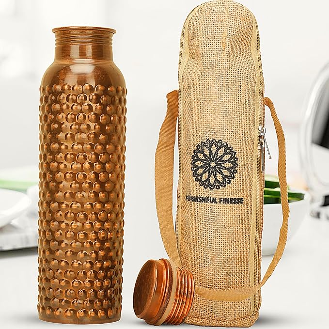 Copper Water Bottle 34 Oz Hammered Antique Ayurvedic Pure Copper Vessel With Carrying Bag For Drinking Bottle Leak Proof Ayurvedic Copper Vessel for Sports, Gym, Outdoors, Yoga