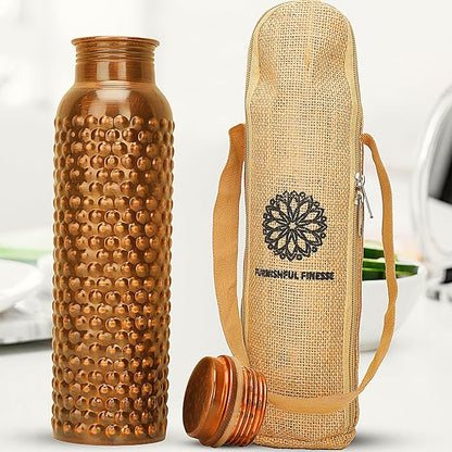 Copper Water Bottle 34 Oz Hammered Antique Ayurvedic Pure Copper Vessel With Carrying Bag For Drinking Bottle Leak Proof Ayurvedic Copper Vessel for Sports, Gym, Outdoors, Yoga
