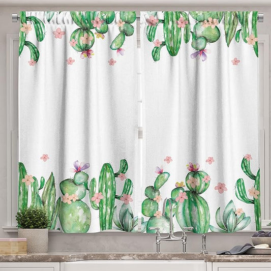 Ambesonne Cactus Long Kitchen Curtains, Mexico Style Romantic Tender Blossoms and Barren Heath Natural Vegetation, Two Panels Drapes with Rod Pocket Room Decor, 55" x 45", Green Coral