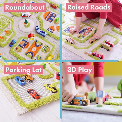 IVI Thick 3D Childrens Play Mat & Rug in A Colorful Town Design for Kids with Soccer Field, Car Park & Roads, Green, 32 x 45 inches