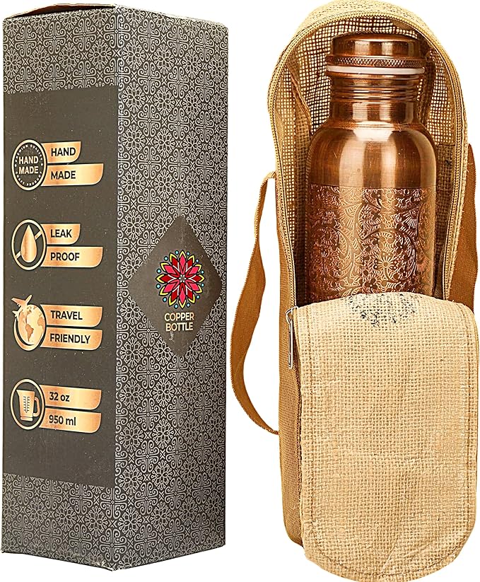 Copper Water Bottle - 34 Oz Large Ayurvedic Pure Copper Vessel For Drinking Leak Proof Antique Copper Bottle For Sport, gym, Yoga, Meditation & Ayurvedic Copper Health Benefits - 1000ml