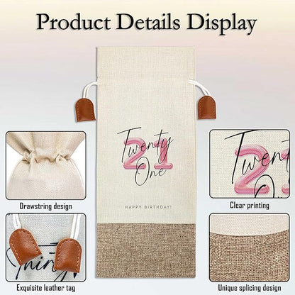 21th Birthday Wine Bag, Cotton Linen Wine Gift Bag With Drawstring, Wine Champagne Bottle Gift Bag, 21st Birthday Gifts Wine Bag for Woman Her Girl Friend Sister, 21th Birthday Party Favors-14