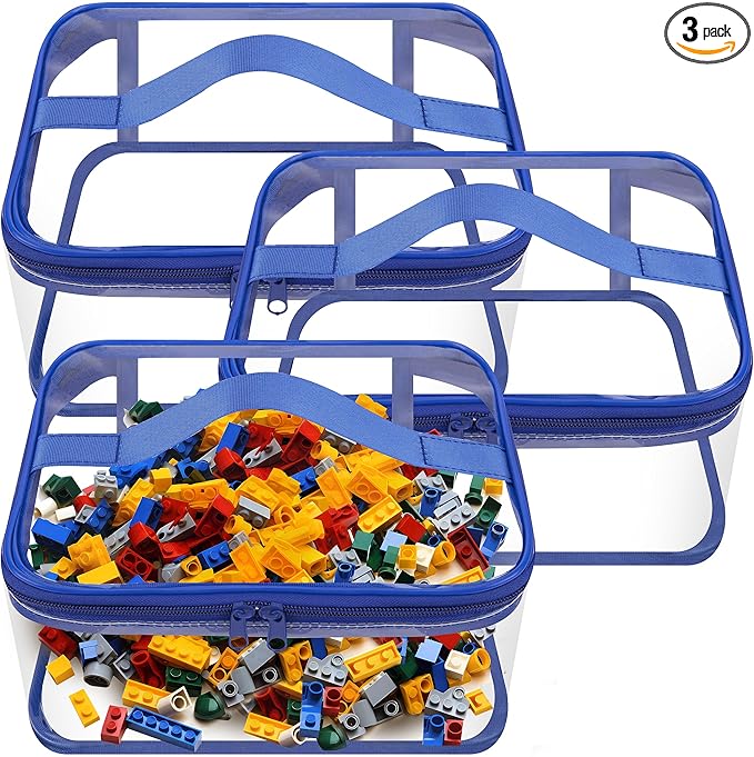 3 Packs Clear Toy Storage Bags- 9.4 x 6.7 x 4.3 Inch Transparent PVC Toy Organizing Bags with Zipper- Waterproof Toy Storage Organizer Pouch for Building Blocks, Small Toys (Blue)