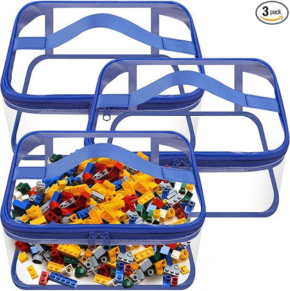 3 Packs Clear Toy Storage Bags- 9.4 x 6.7 x 4.3 Inch Transparent PVC Toy Organizing Bags with Zipper- Waterproof Toy Storage Organizer Pouch for Building Blocks, Small Toys (Blue)
