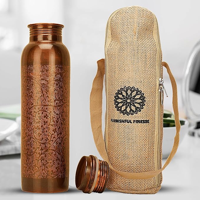 Copper Water Bottle - 34 Oz Large Ayurvedic Pure Copper Vessel For Drinking Leak Proof Antique Copper Bottle For Sport, gym, Yoga, Meditation & Ayurvedic Copper Health Benefits - 1000ml