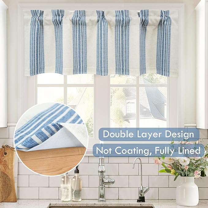 DriftAway Chris Linen Lined Valance Double Layer Thermal Insulated Room Darkening Blackout Valances 3 Inch Rod Pocket Vertical Striped Kitchen Valance for Bathroom 52 Inch by 18 Inch Jean Navy