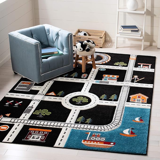 SAFAVIEH Carousel Kids Collection Area Rug - 5'3" x 7'6", Black & Ivory, Non-Shedding & Easy Care, Ideal for High Traffic Areas for Boys & Girls in Playroom, Nursery, Bedroom (CRK192Z)