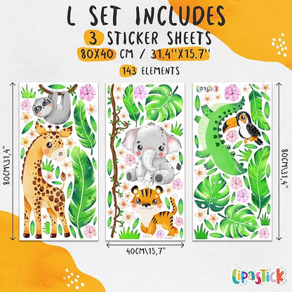 Large Jungle Animal Wall Decals for Kids by Lipastick - 143 pcs Animal Wall Stickers for Kids Baby Girl Boy Room - Creative Nursery Vinyl Wall Decal - Elephant Giraffe Crocodile Parrot Koala L Size